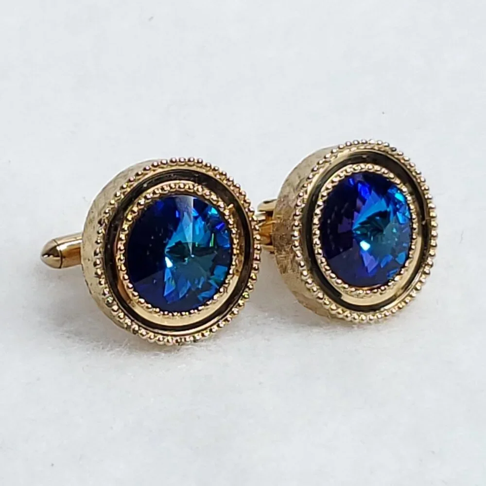 Vintage Rivoli Cufflinks Gold Tone Blue Rhinestone Sparkles